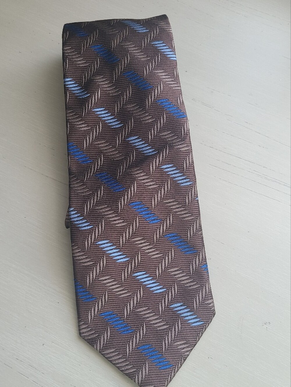 Vintage Johnston & Murphy 100% Silk Tie Handmade New York Brown Blue Geometric